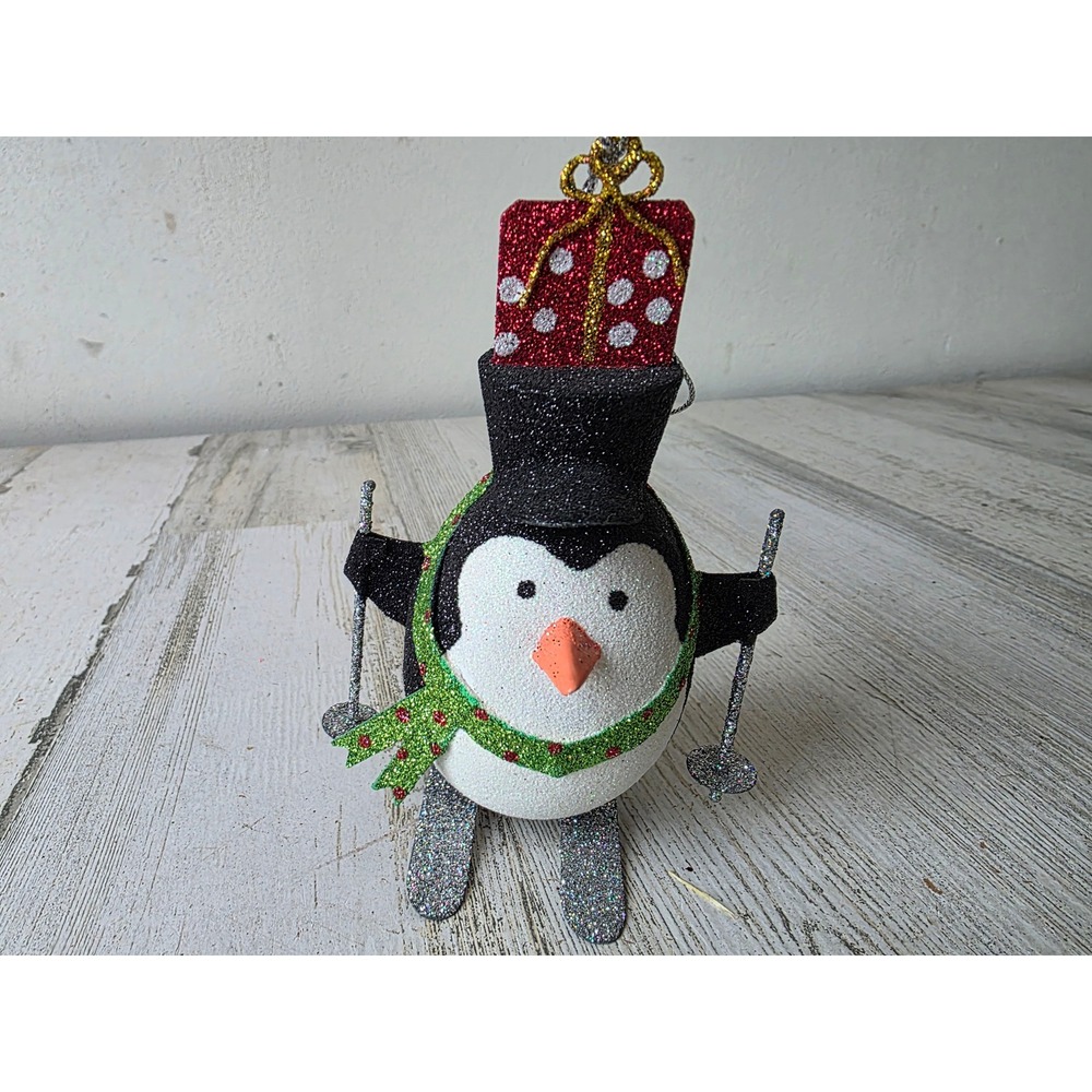 Pier 1 penguin skiing ornament skier glitter present tree Xmas